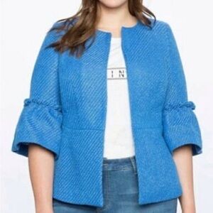 Eloquii Open Front Jacket Blue Tweed Ruffle 3/4 Sleeve Women Plus 26 NEW